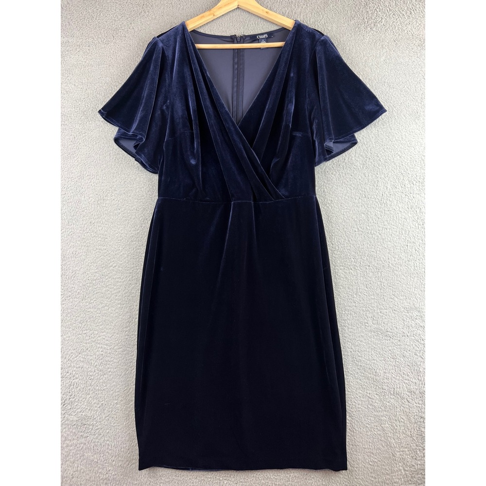 NWT Chaps Navy Blue Velvet Flutter Sleeve Faux Wrap Midi Dress 12